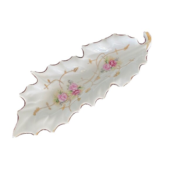 Vintage Arnat Porcelain Vanity Trinket Leaf Dish, Tray, Hand Painted Gold  Trimm - Picture 1 of 10
